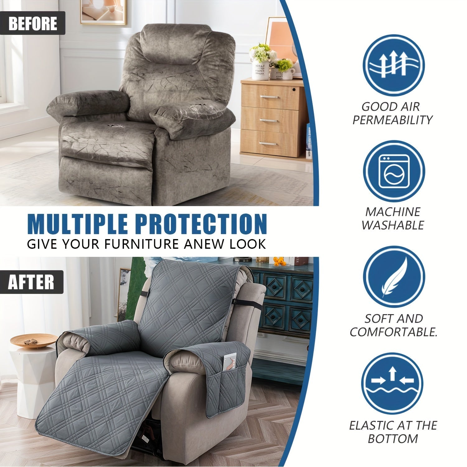 100% Waterproof Recliner Chair Cover, Non-Slip Furniture Protector with Pockets - Homvista