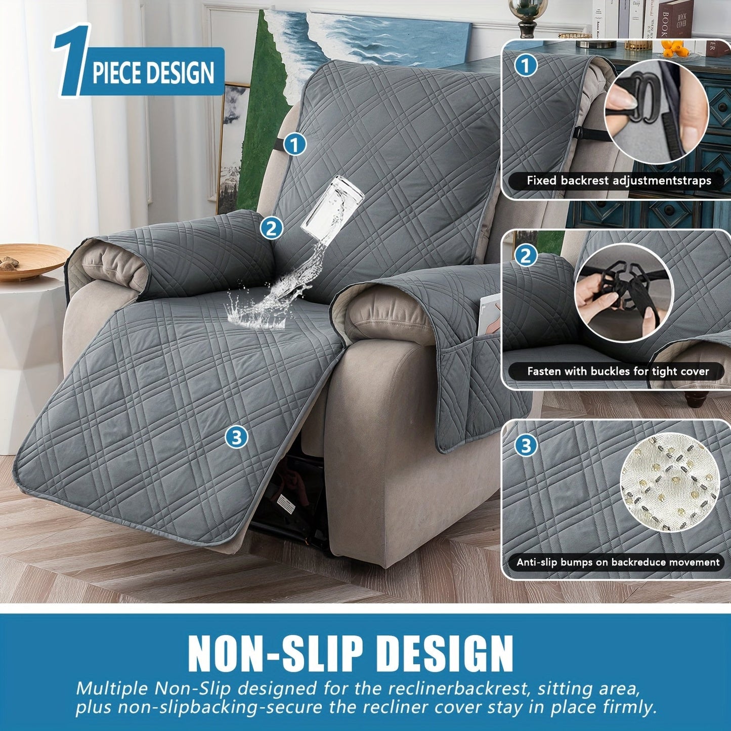 100% Waterproof Recliner Chair Cover, Non-Slip Furniture Protector with Pockets - Homvista