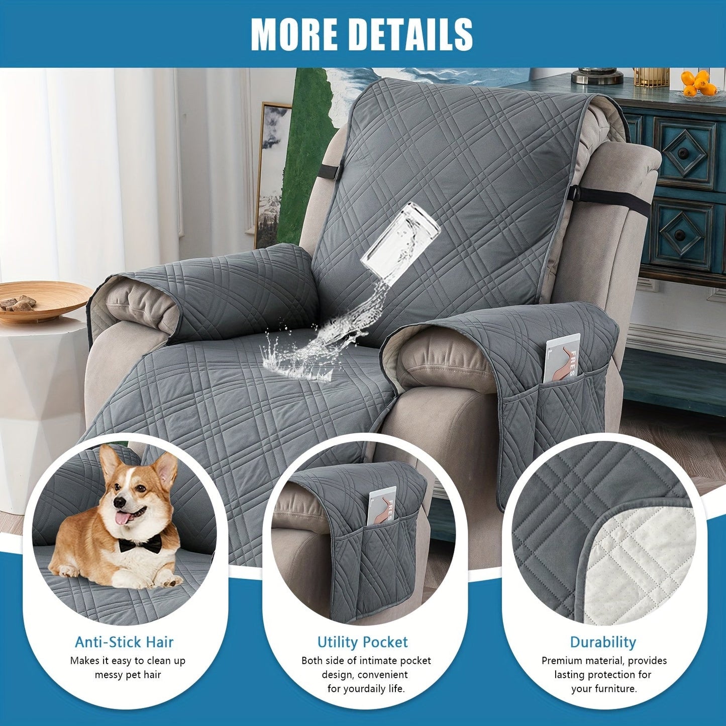 100% Waterproof Recliner Chair Cover, Non-Slip Furniture Protector with Pockets - Homvista