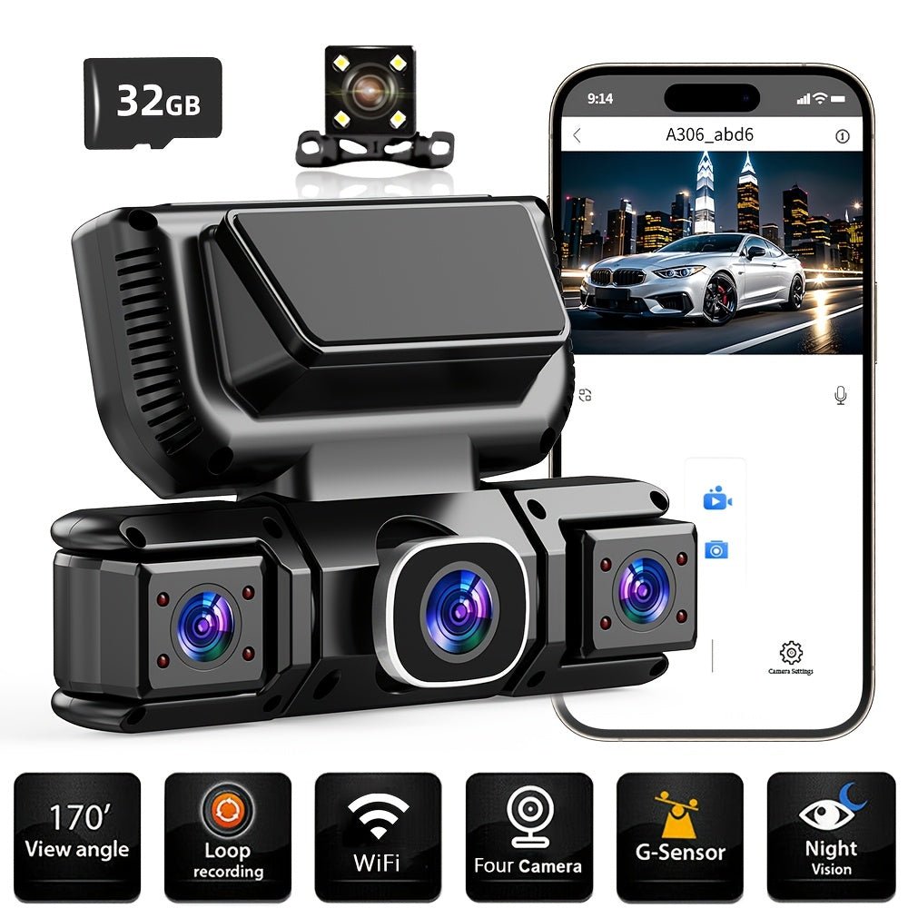 360° 4-Channel Car Dash Cam, 1080P, 3.16-Inch IPS Screen, WiFi & 32GB Card - Homvista