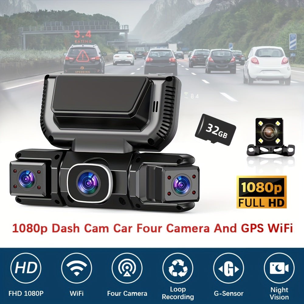 360° 4-Channel Car Dash Cam, 1080P, 3.16-Inch IPS Screen, WiFi & 32GB Card - Homvista
