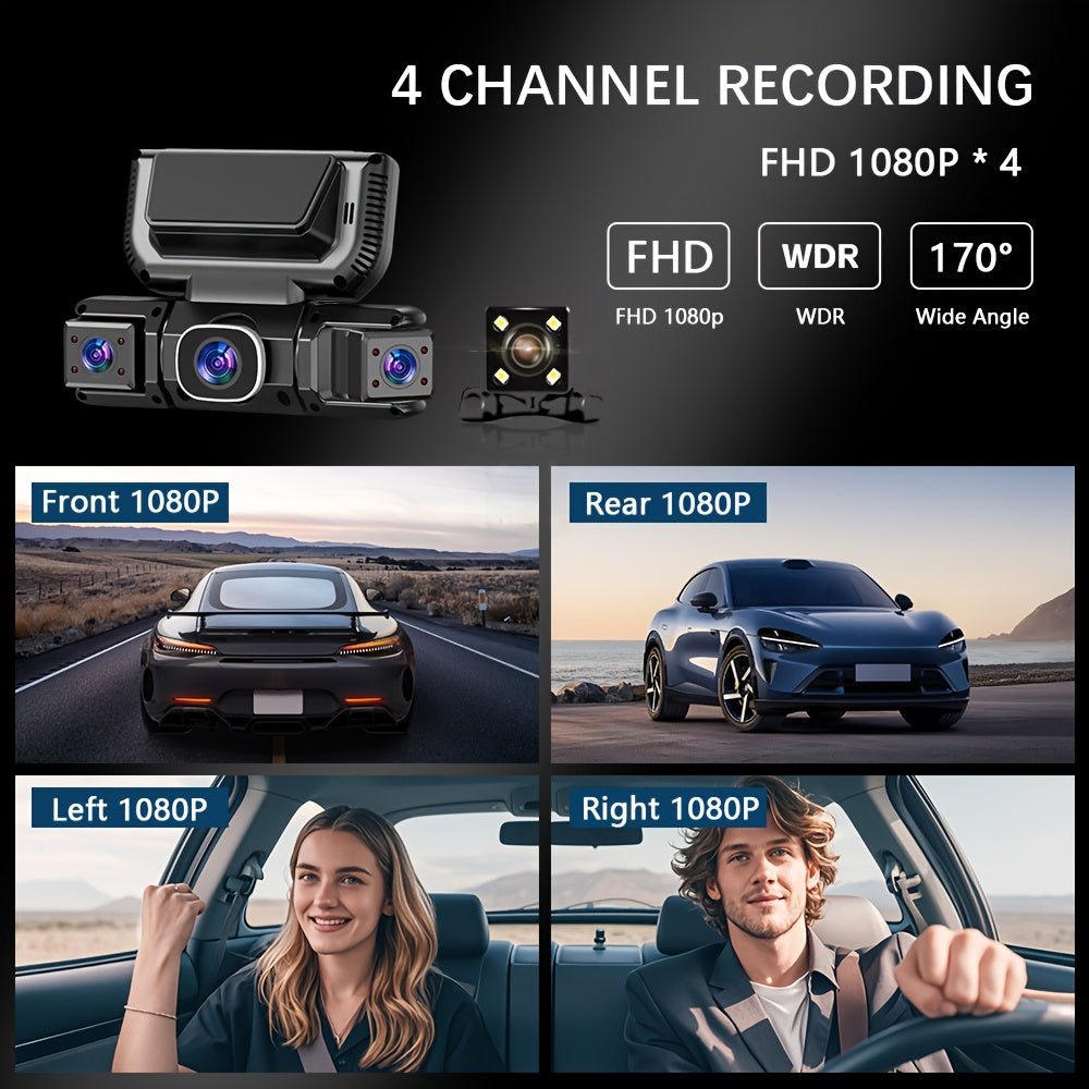 360° 4-Channel Car Dash Cam, 1080P, 3.16-Inch IPS Screen, WiFi & 32GB Card - Homvista