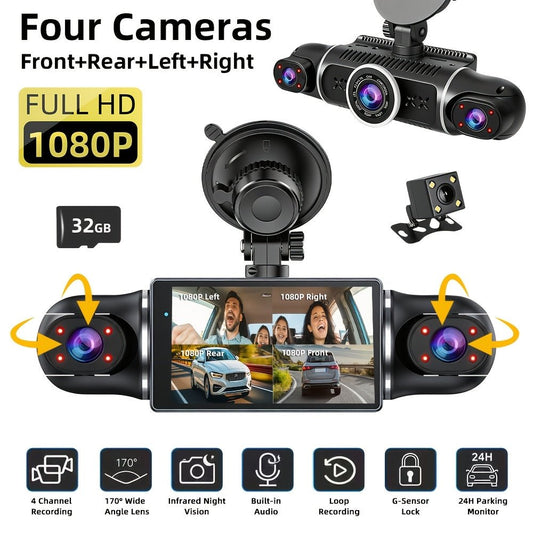 360° Panoramic 4-Channel Car Dash Cam, FHD 1080P, WiFi & 32GB Card - Homvista