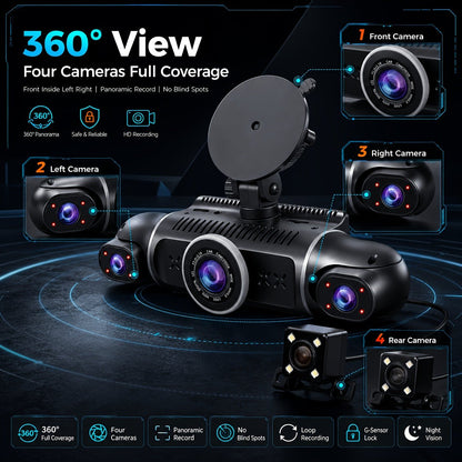 360° Panoramic 4-Channel Car Dash Cam, FHD 1080P, WiFi & 32GB Card - Homvista
