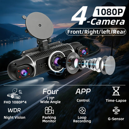 360° Panoramic 4-Channel Car Dash Cam, FHD 1080P, WiFi & 32GB Card - Homvista