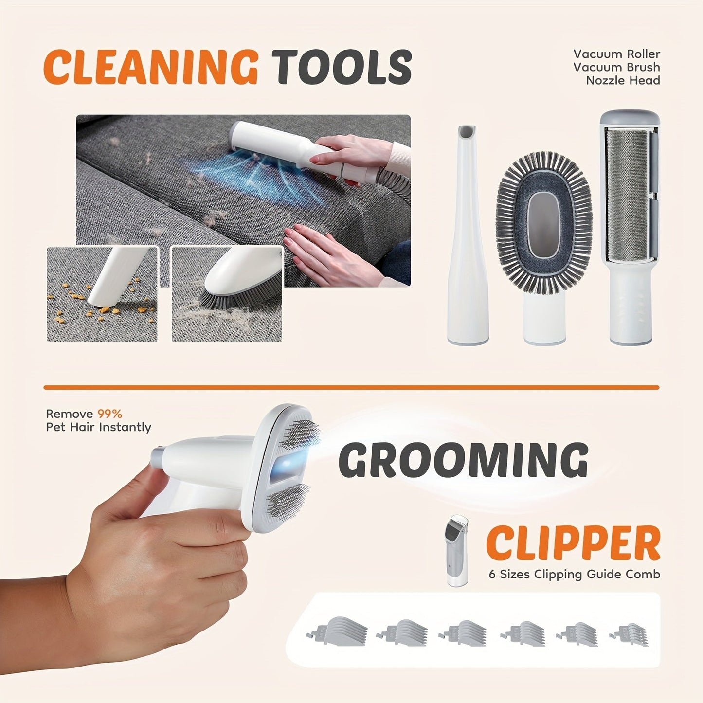 5-in-1 Pet Grooming Vacuum Kit, Hair Clippers, 6 Guide Combs & Suction - Homvista