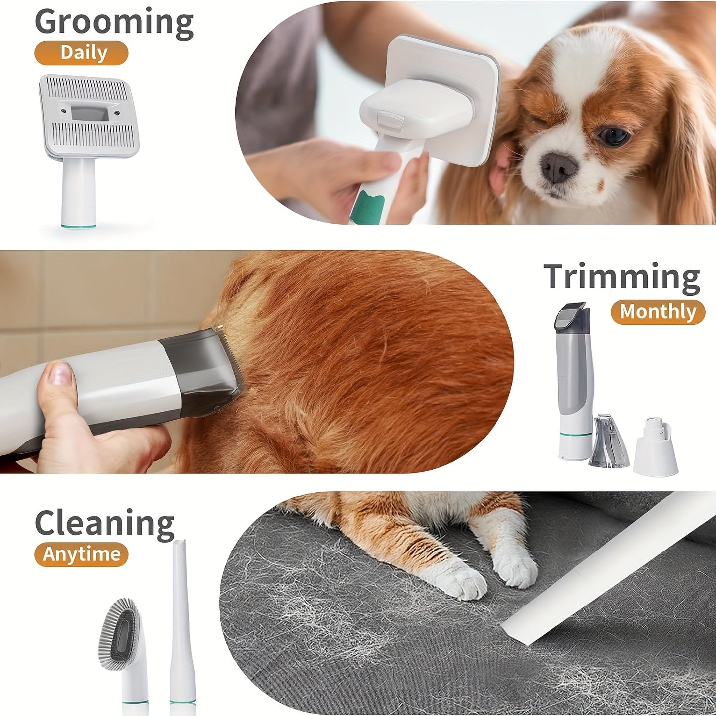 6-in-1 Pet Grooming Vacuum Kit, Hair Clippers, Deshedding & Nail Grinder - Homvista