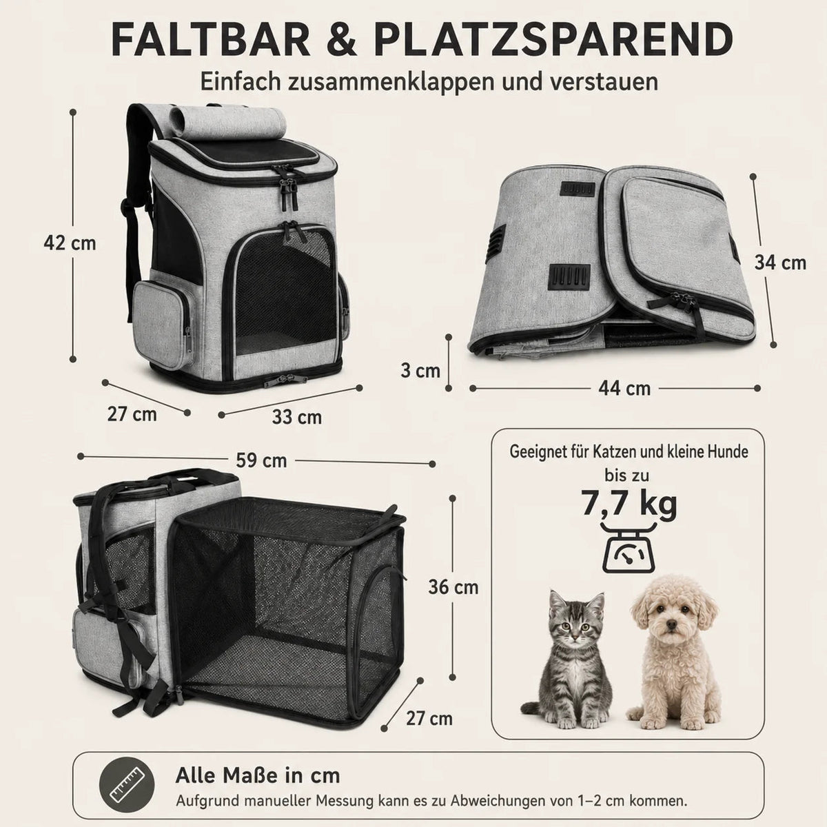 Cat Backpack Carrier, Portable Pet Backpack with Panoramic Window & Ventilation, Up to 8kg - Homvista