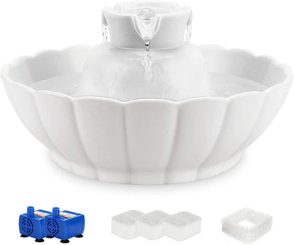 Ceramic Cat Water Fountain, 2.1L Pet Fountain with Dual Filtration & Quiet 2W Pump - Homvista