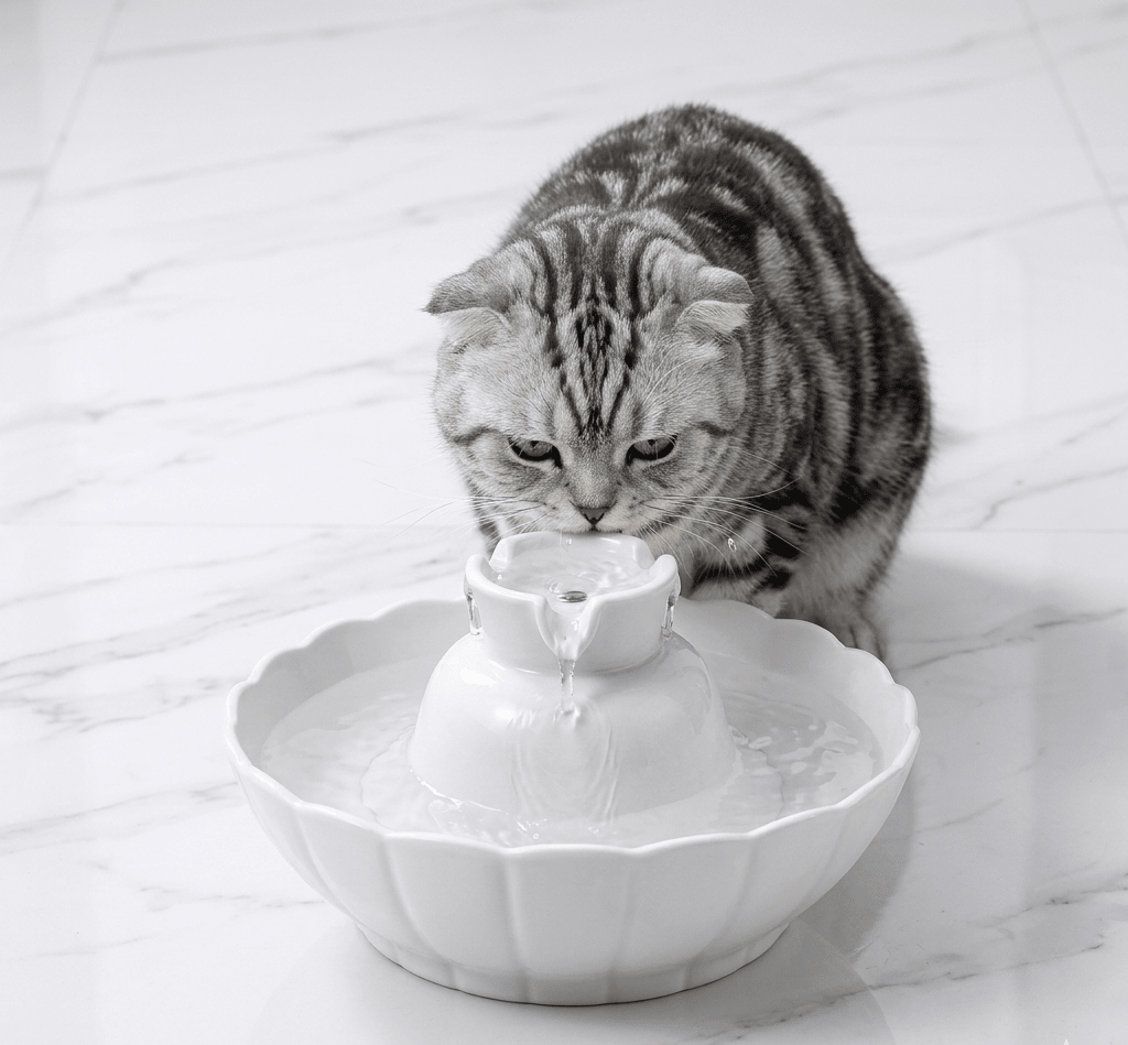 Ceramic Cat Water Fountain, 2.1L Pet Fountain with Dual Filtration & Quiet 2W Pump - Homvista