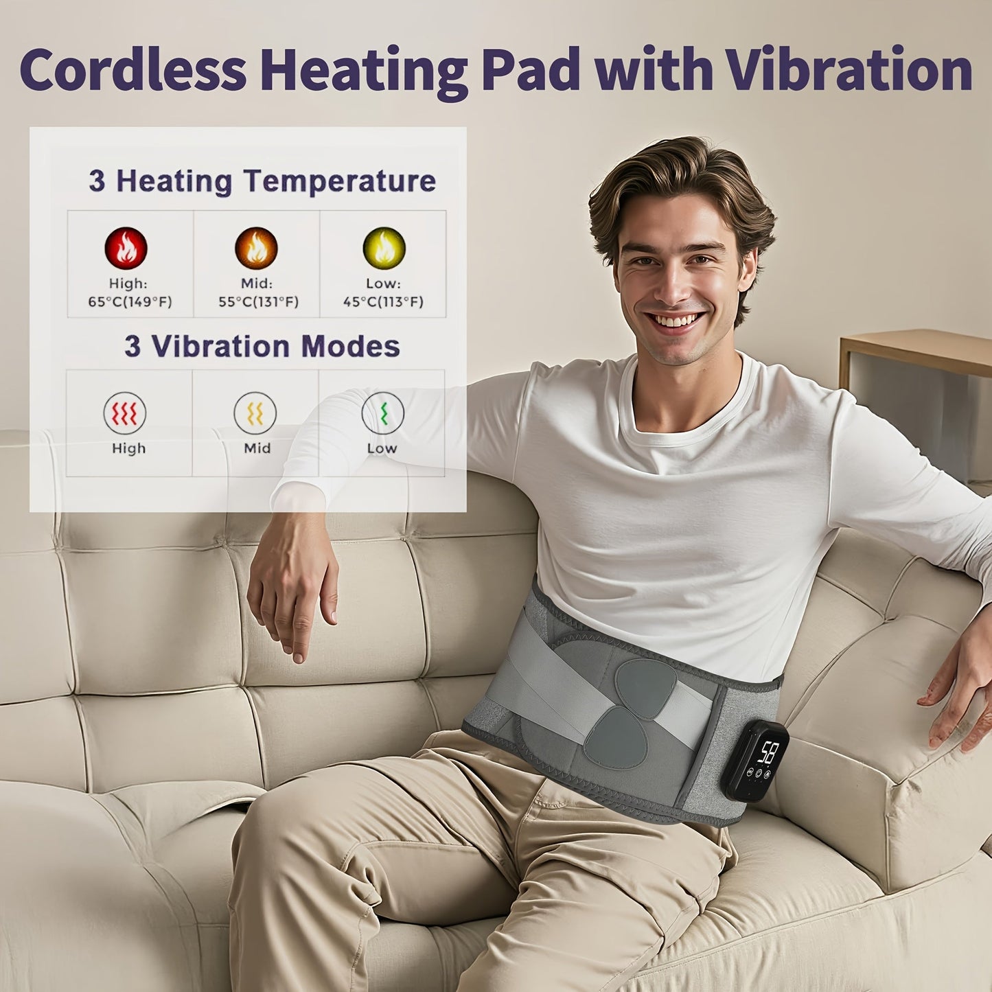 Cordless Heated Back Massager Belt, Lumbar Support, 3 Heat & Vibration Modes, USB - Homvista