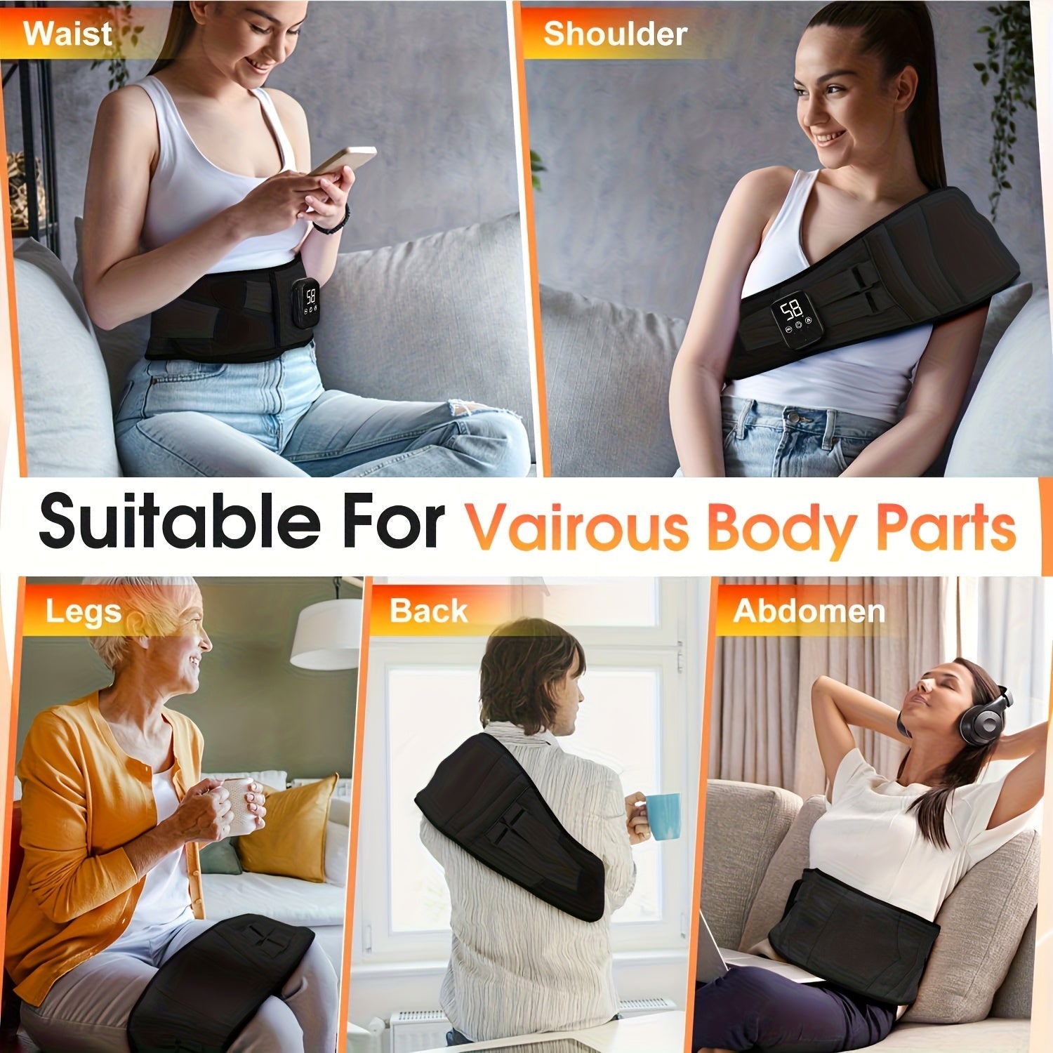 Cordless Heated Back Massager Belt, Lumbar Support, 3 Heat & Vibration Modes, USB - Homvista