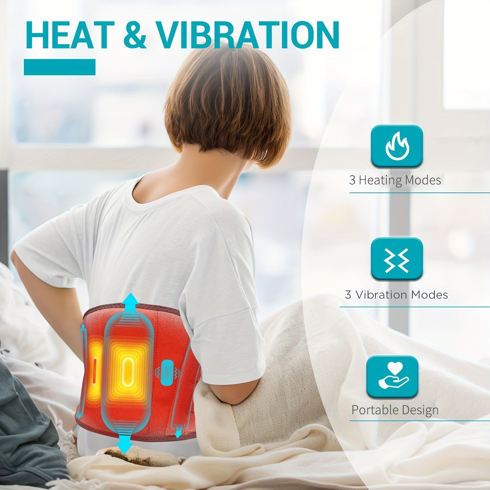 Cordless Heated Back Massager Belt, Lumbar Support, 3 Heat & Vibration Modes, USB - Homvista