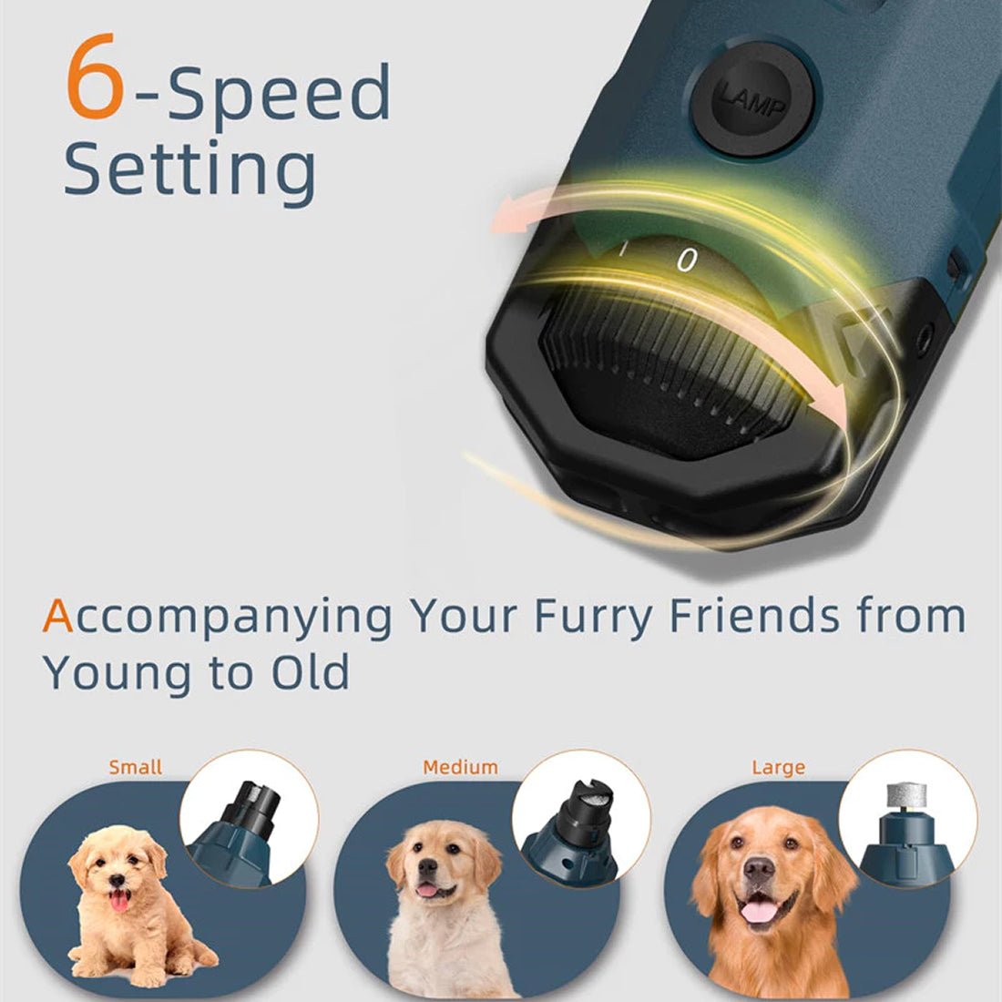 Dog Nail Grinder, 6-Speed Rechargeable Pet Nail Trimmer with Dual LED, 45dB & 3 Ports - Homvista