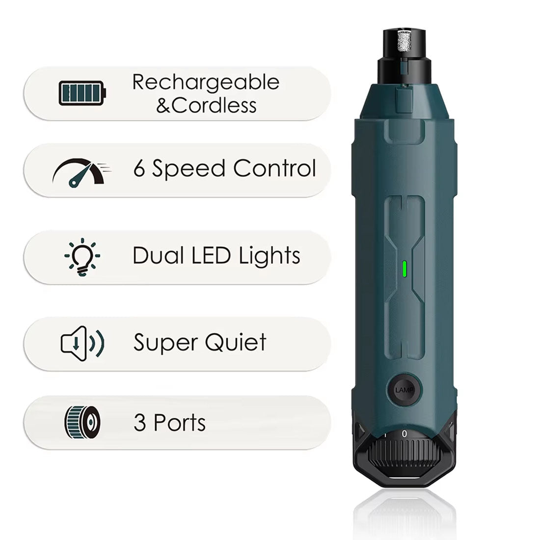 Dog Nail Grinder, 6-Speed Rechargeable Pet Nail Trimmer with Dual LED, 45dB & 3 Ports - Homvista