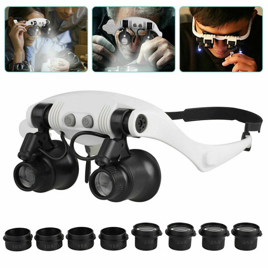 Headband Head Magnifier 8 Lens LED Light Jeweler Glasses - Homvista