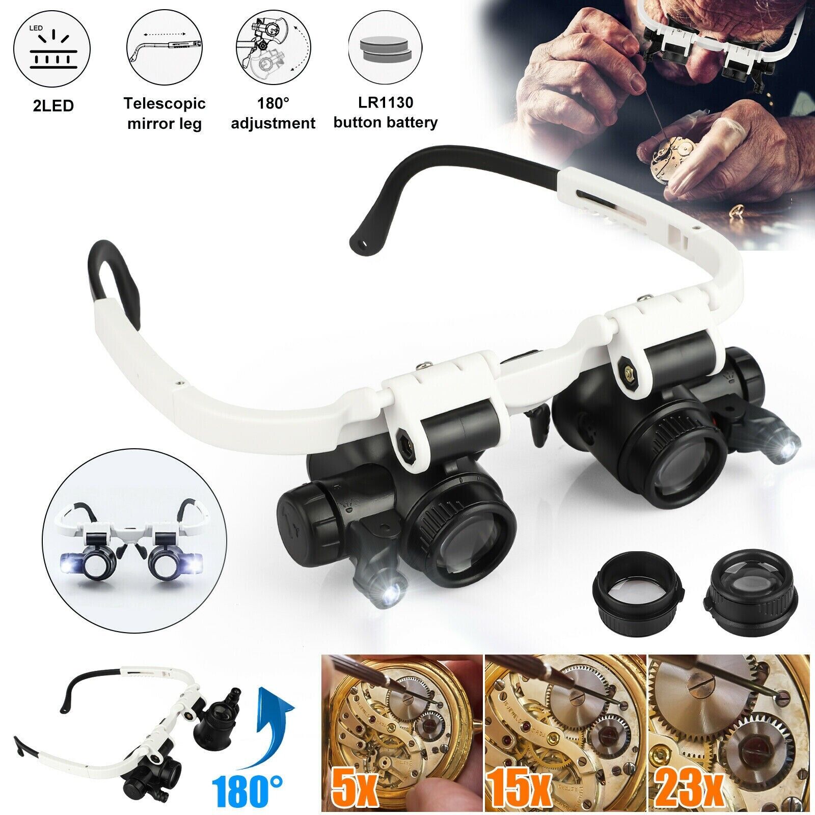 Headband Head Magnifier 8 Lens LED Light Jeweler Glasses - Homvista