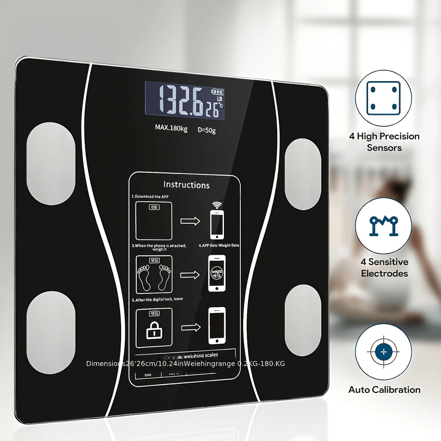 Intelligent Digital Body Scale with Backlit LED Display, Tempered Glass, 400lb Capacity - Homvista