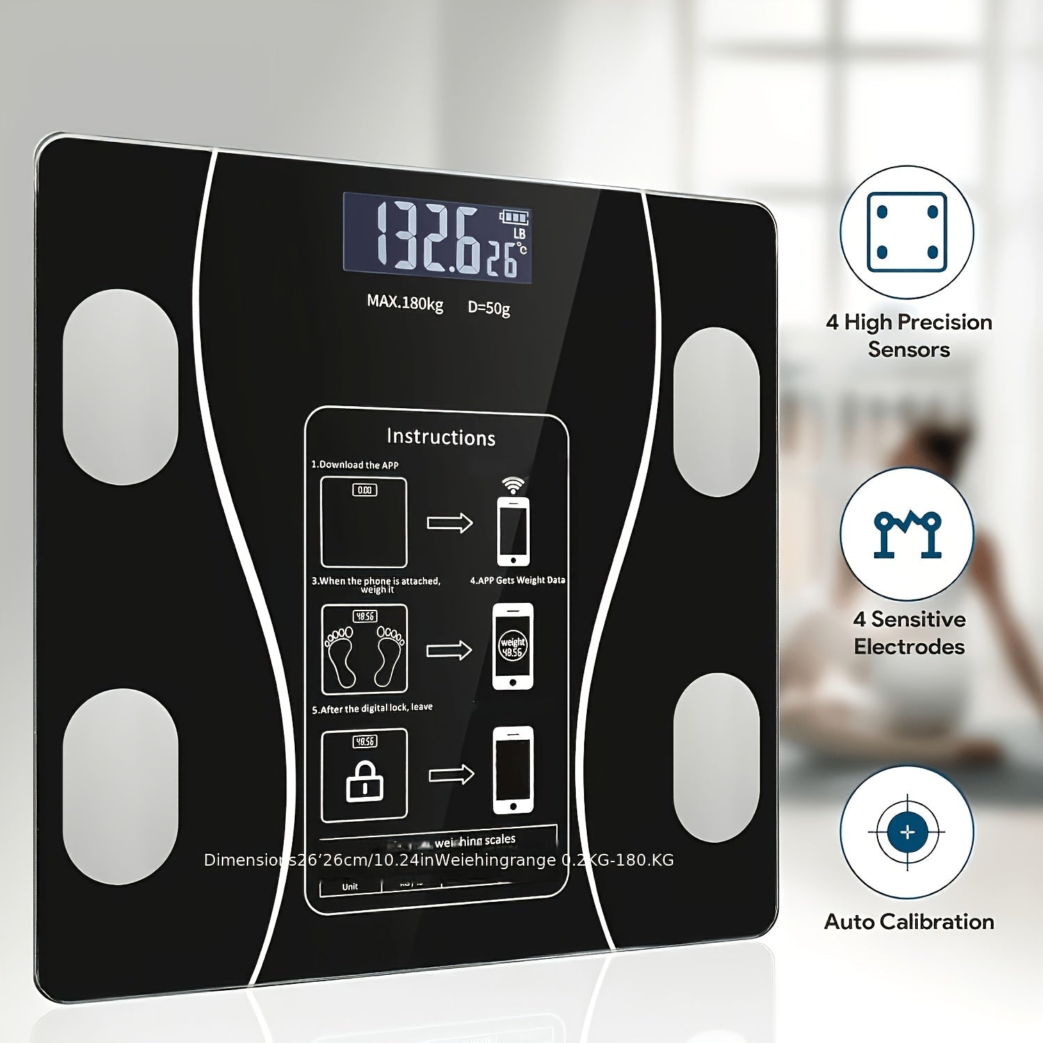 Intelligent Digital Body Scale with Backlit LED Display, Tempered Glass, 400lb Capacity - Homvista