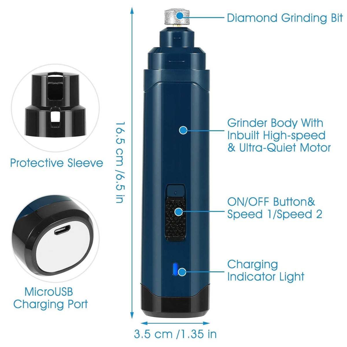 Pet Nail Grinder for Dogs & Cats, 2-Speed Rechargeable Nail Trimmer, 7000–8000 RPM - Homvista