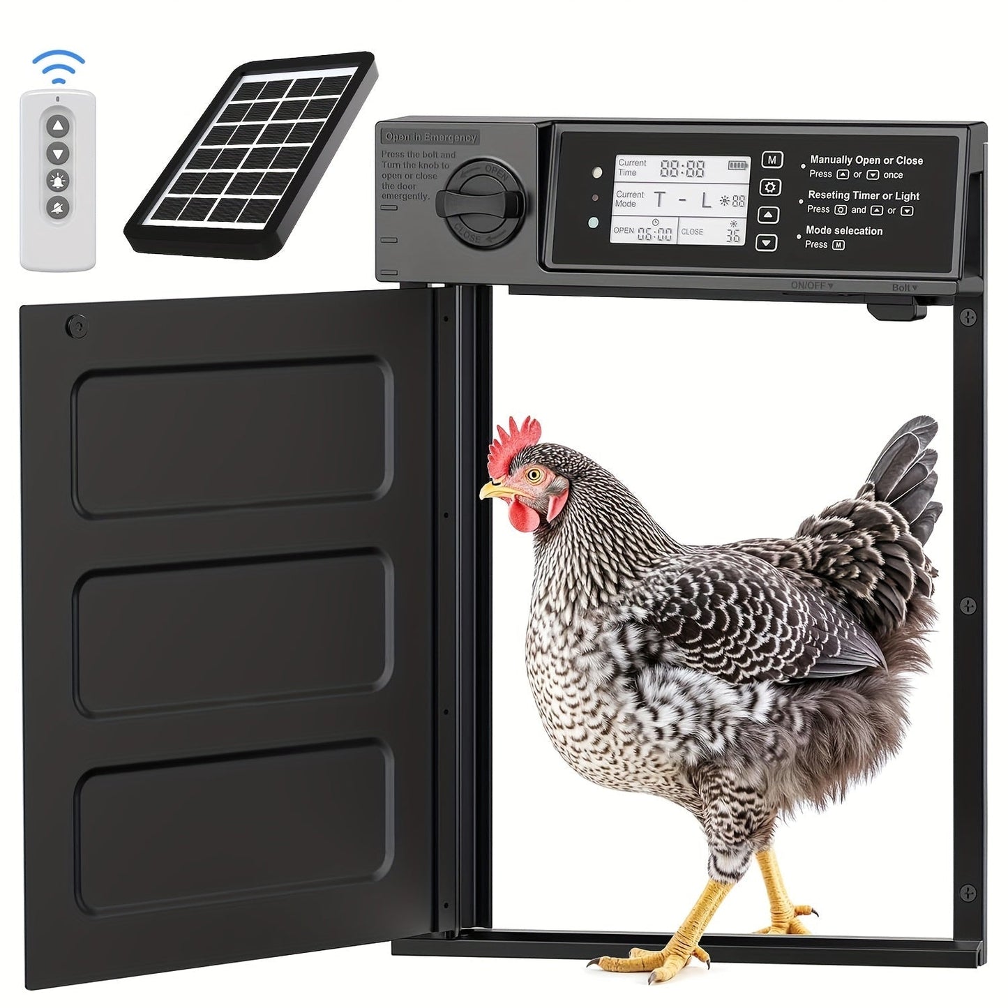 Solar Automatic Chicken Coop Door with Timer, Metal Pivoting Design (Black) - Homvista