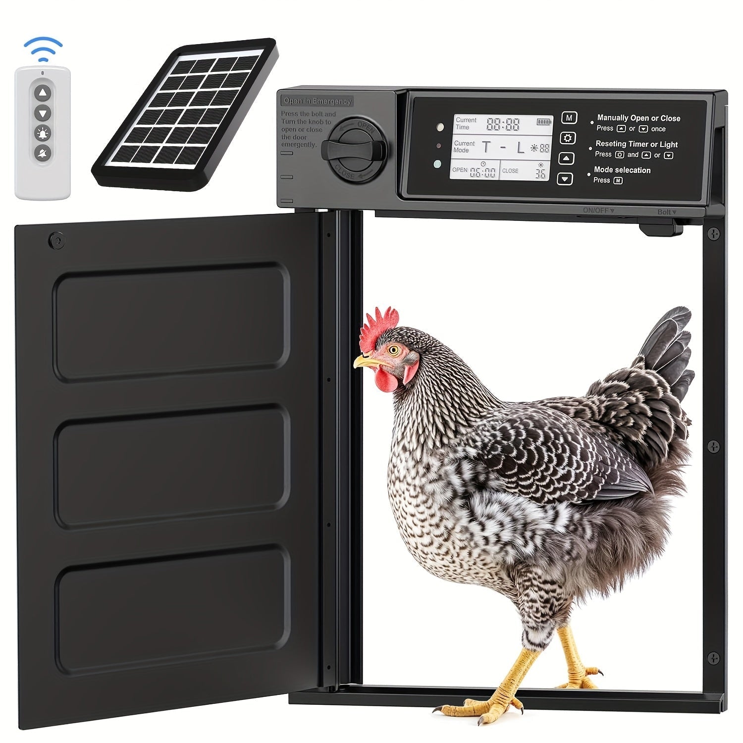 Solar Automatic Chicken Coop Door with Timer, Metal Pivoting Design (Black) - Homvista