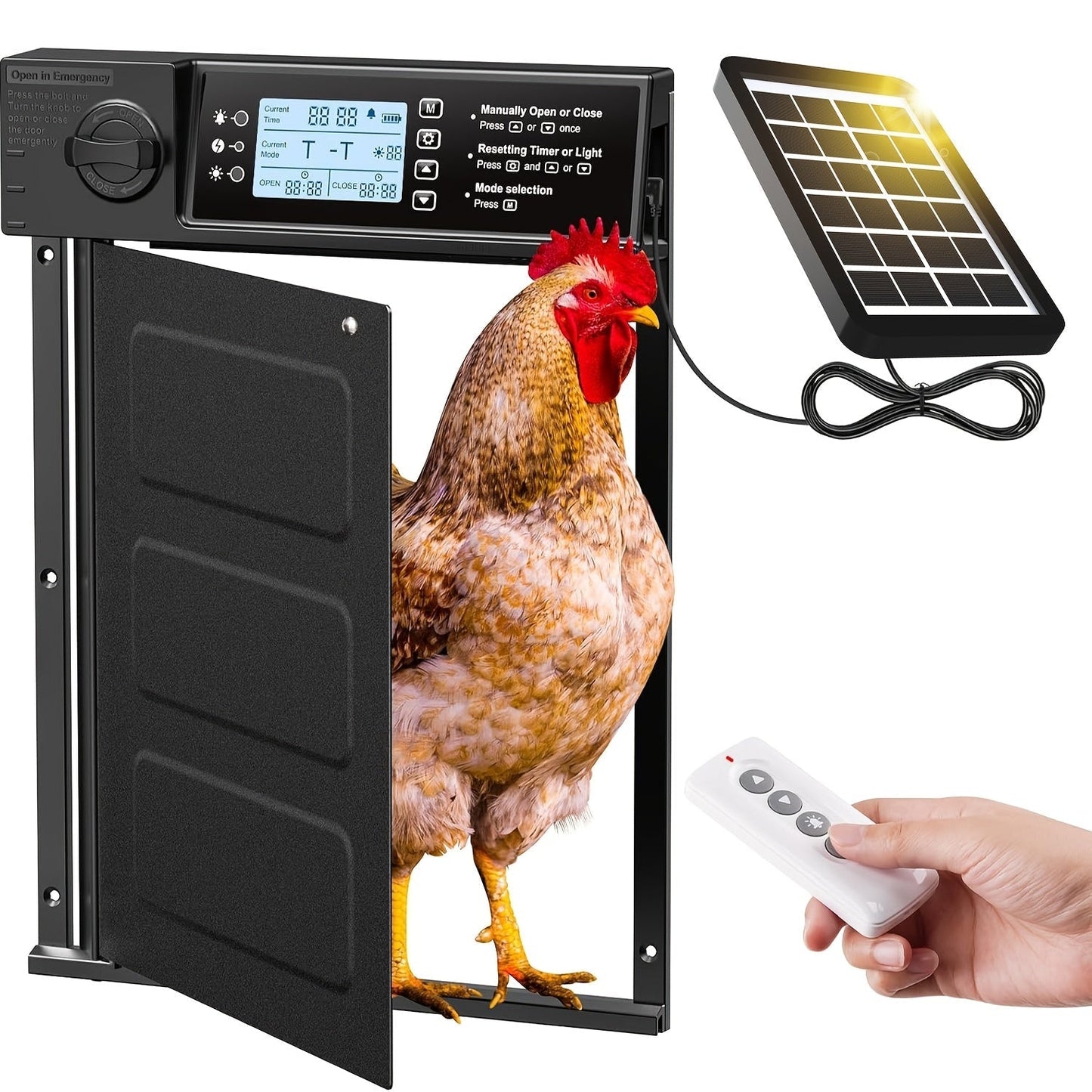 Solar Automatic Chicken Coop Door with Timer, Metal Pivoting Design (Black) - Homvista