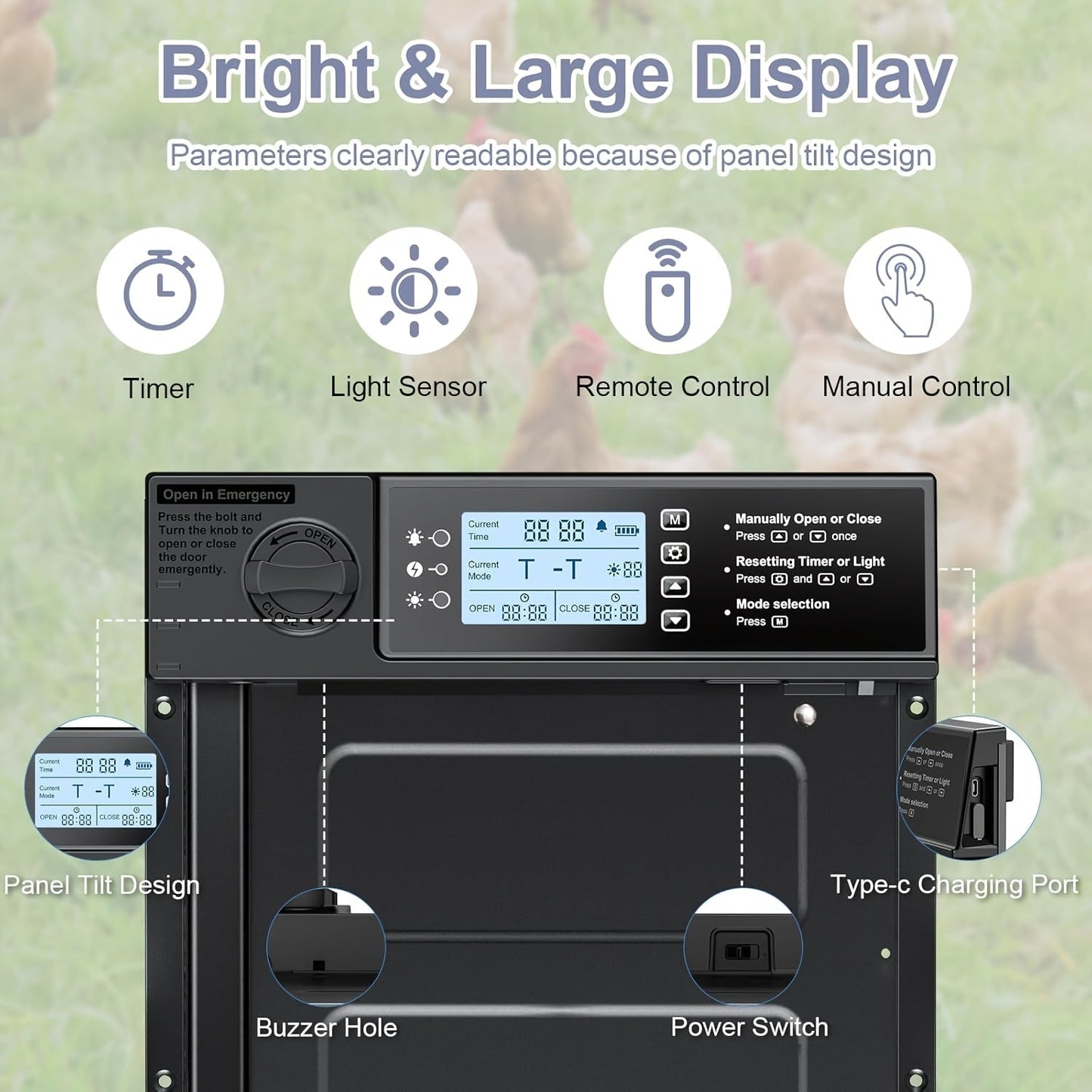 Solar Automatic Chicken Coop Door with Timer, Metal Pivoting Design (Black) - Homvista