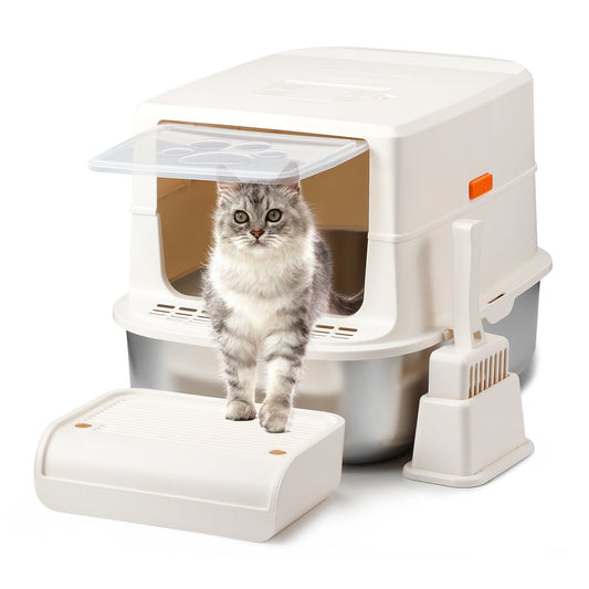 Stainless Steel Cat Litter Box, Enclosed Easy-Clean Litter Box with Spacious Interior - Homvista