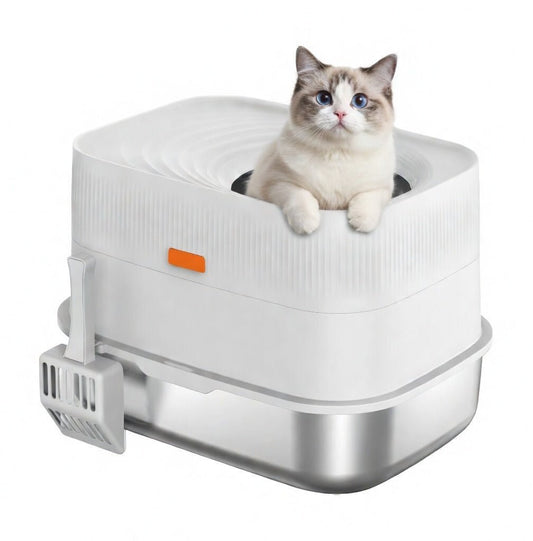 Top-Entry Cat Litter Box, XL 304 Stainless Steel Litter Box with Extra-Tall Walls & Easy-Clean Base - Homvista