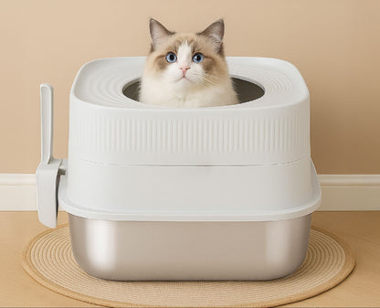Top-Entry Cat Litter Box, XL 304 Stainless Steel Litter Box with Extra-Tall Walls & Easy-Clean Base - Homvista