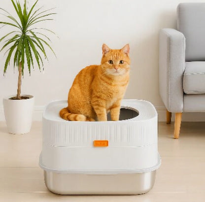 Top-Entry Cat Litter Box, XL 304 Stainless Steel Litter Box with Extra-Tall Walls & Easy-Clean Base - Homvista